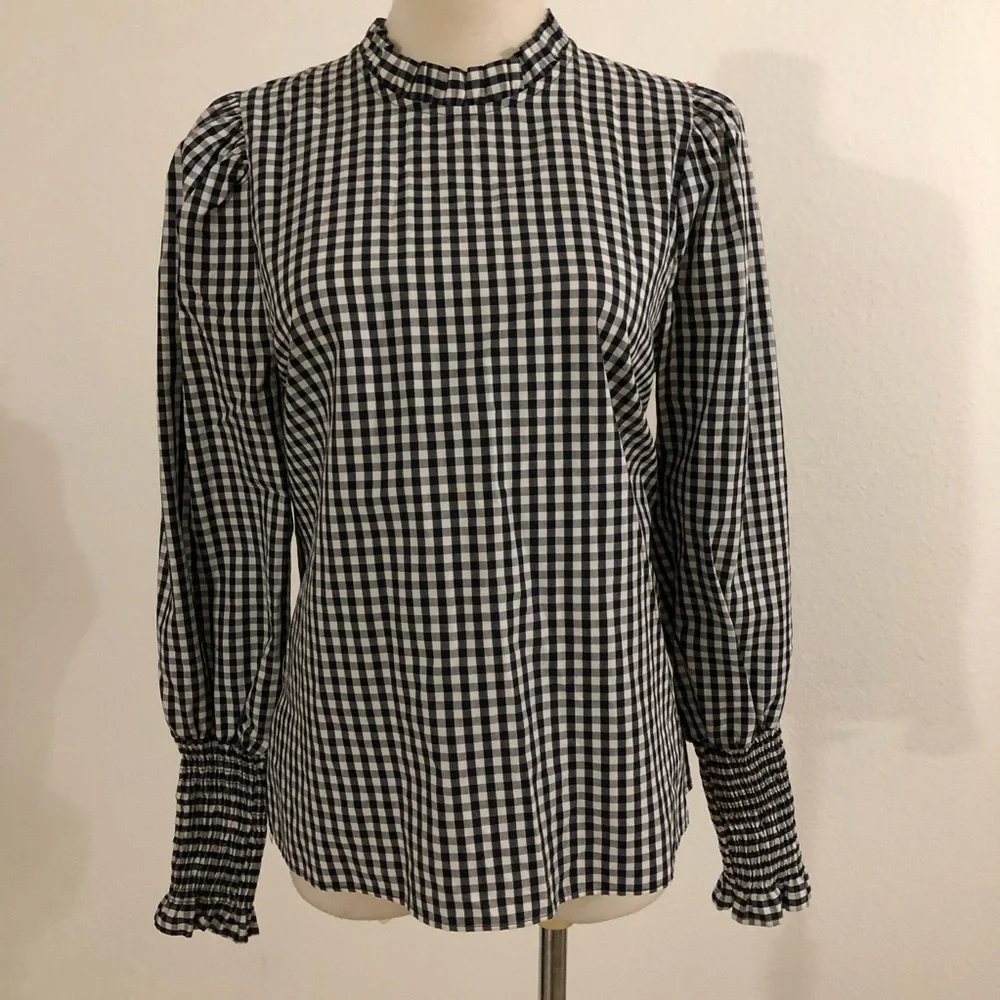 Zara Women’s Black and White Checkered Long Sleeves Blouse